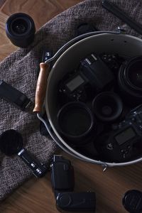 High angle view of camera on table