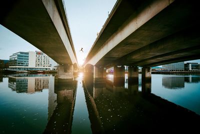 Bridge over river against sky in city