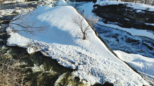 High angle view of snow covered land