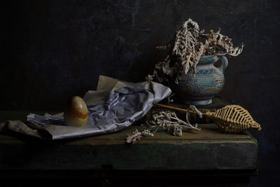 Various objects on table in darkroom