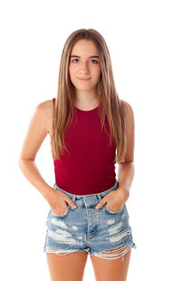 Portrait of a beautiful young woman over white background