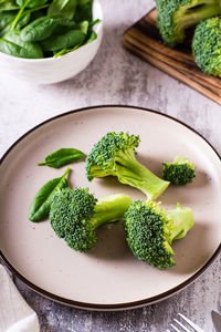 Fresh broccoli and spinach leaves on a plate on the table. healthy food, green food. vertical view