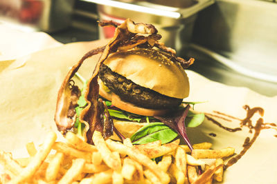 Homemade burger with fries