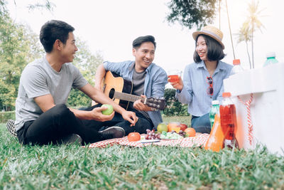 Cheerful friends sitting on picnic blanket at park