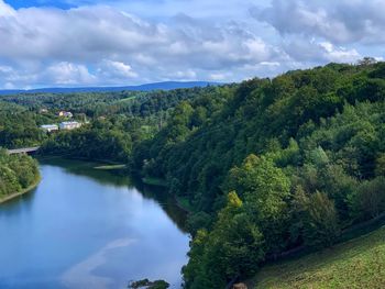 Scenic view of river amidst trees against sky