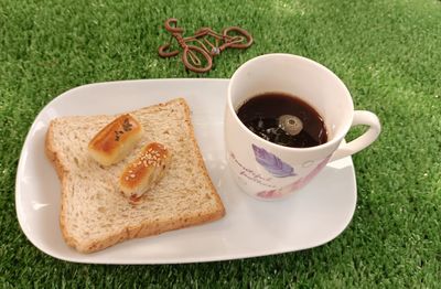 High angle view of breakfast served on table