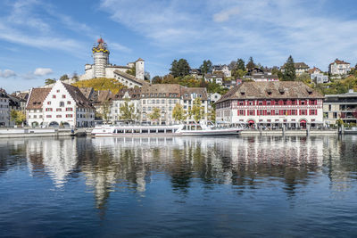 Cityscape of  schaffhausen reflected in rhein river