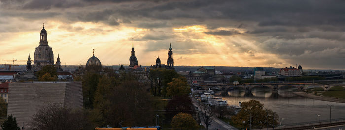 Panoramic view of buildings and city against sky during sunset