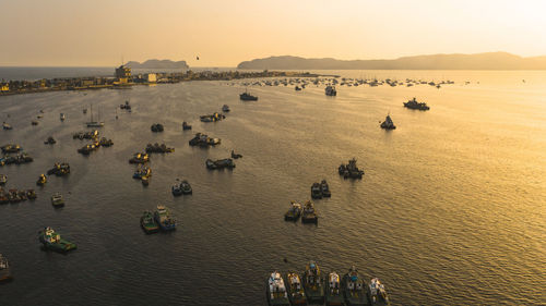 High angle view of boats on sea