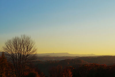 Scenic view of landscape against clear sky at sunset