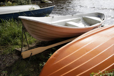High angle view of boat moored on shore