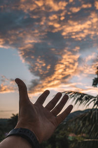 Close-up of hand against sky during sunset