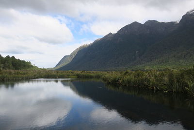 Scenic view of lake and mountains against sky