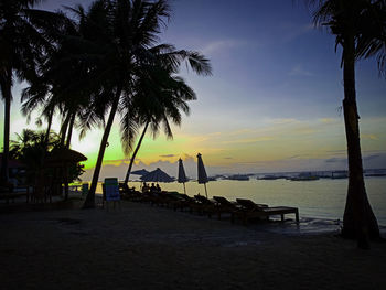 Silhouette palm trees on beach against sky during sunset