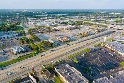 High angle view of buildings against sky