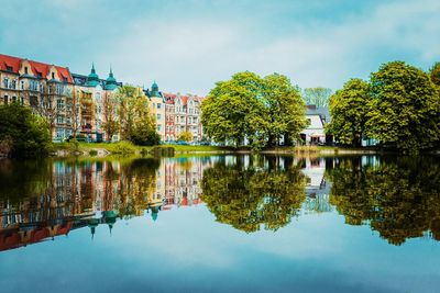 Reflection of trees and buildings in lake