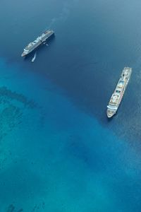 High angle view of ship sailing on sea