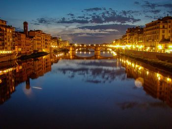 Reflection of illuminated buildings in river at night