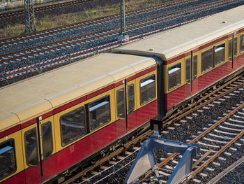 High angle view of train at railroad station