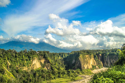 Scenic view of mountains against cloudy sky