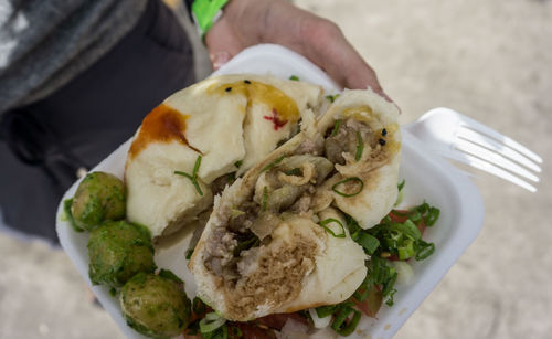 Close-up of hand holding food served in plate