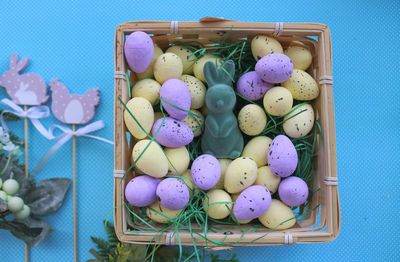 High angle view of easter eggs in basket