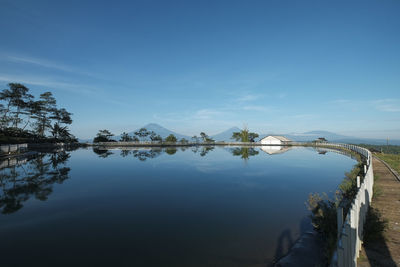 Reflection of mountain in lake against blue sky