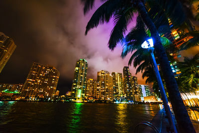 Illuminated city by river against sky at night