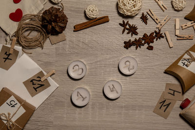 High angle view of christmas decorations on table