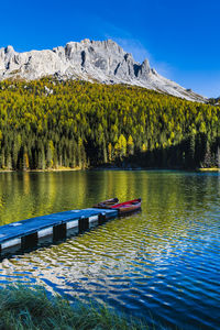 Scenic view of lake by trees against blue sky