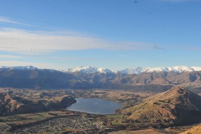 Scenic view of lake and mountains against sky