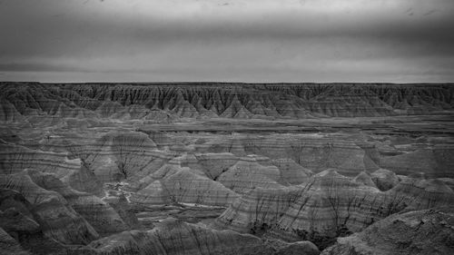 Black and white vista from loop road in badlands national park, south dakota