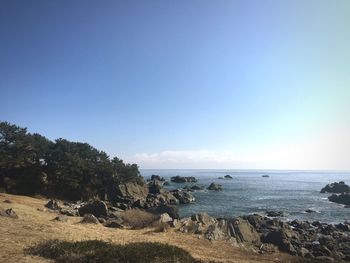 Scenic view of sea against clear blue sky
