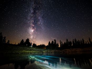 Silhouette trees by lake against sky at night