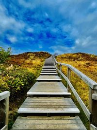 Surface level of boardwalk amidst plants against sky