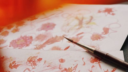 High angle view of paintbrushes on table