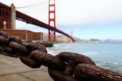 Close-up of chain on golden gate bridge against sky