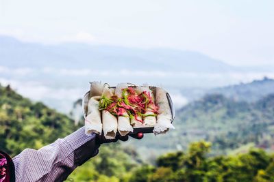 Midsection of person holding bouquet against sky