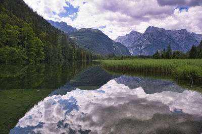 Scenic view of lake and mountains against sky