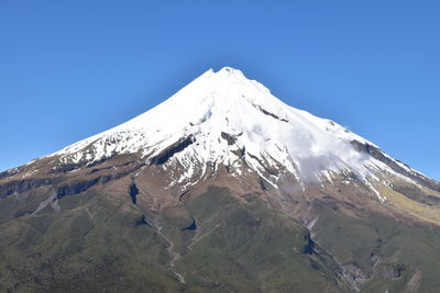 Scenic view of snowcapped mountains against clear blue sky