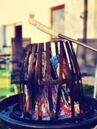 Close-up of metallic structure on wood