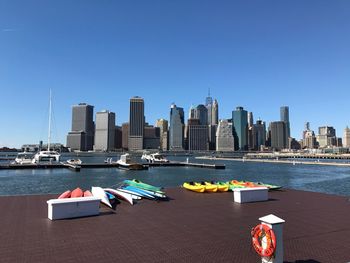 Boats in river with city in background