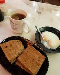 High angle view of breakfast on table