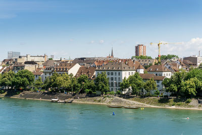 River by city against blue sky