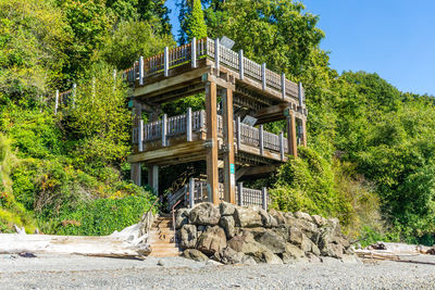 A scene of wooden shoreline stairs in normandy park, washington.