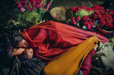 High angle view of woman sleeping with son by flowers at night