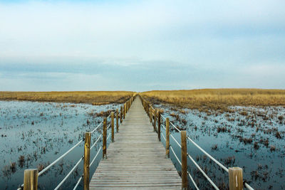 Boardwalk leading towards landscape against sky