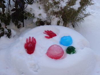 High angle view of ice cream in snow