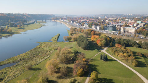 High angle view of river amidst buildings in city