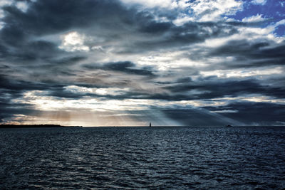 Scenic view of sea against dramatic sky